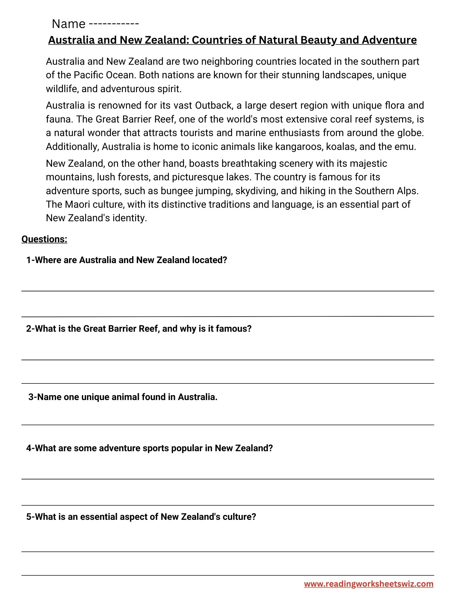 Reading comprehension passage australia new zealand